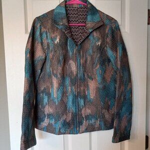 Boutique Jacket Reversible Brown Turquoise Tan Artsy Abstract Full Zip